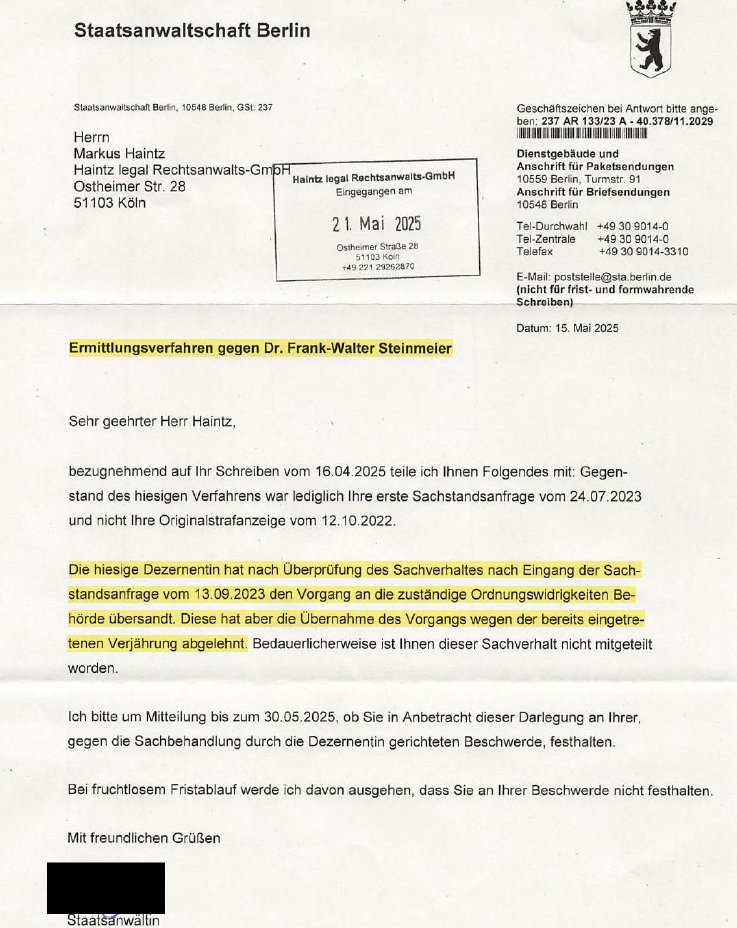 Maskenlos im Zug: Staatsanwaltschaft Berlin lässt Ordnungswidrigkeitenverfahren gegen Bundespräsident Steinmeier verjähren

Wenn der Bundespräsident ohne Maske im ICE fährt und ich ihn einen Tag später dafür anzeige, dann eilt ihm die politisch abhängige Staatsanwaltschaft Berlin