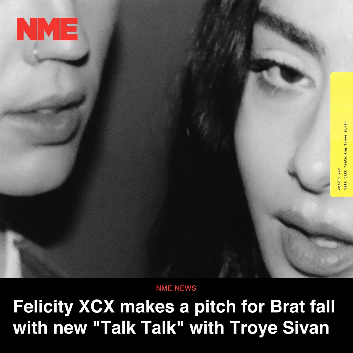 © #NMEMagazineRP › 𝖬𝗎𝗌𝗂𝖼 𝖭𝖾𝗐𝗌
Felicity XCX is making a case for a full brat year and  is starting with the reveal of her latest remix of “#TalkTalkRP” with 𝖳𝗋𝗈𝗒𝖾 𝖲𝗂𝗏𝖺𝗇.