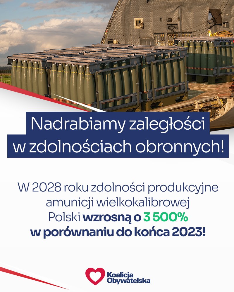 Platforma_org's tweet image. Nasi poprzednicy zostawili ogromne zaległości, a my je nadrabiamy❗️
W 2028 roku nasze zdolności produkcyjne amunicji wielkokalibrowej wzrosną o 3 500% w porównaniu do końca 2023❗️