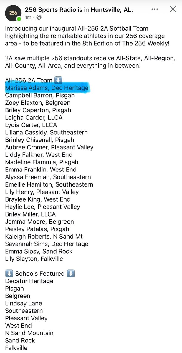 Marissa Adams (@marissa_adams11) on Twitter photo I appreciate being recognized as all-256 2A team! Thank you so much 256 sports radio! <a href="/LetsGoICC_SB/">Itawamba Softball</a> <a href="/carsonowens12/">Carson O.</a> <a href="/LipscombSB/">Lipscomb Softball</a> <a href="/SoftballCalhoun/">Calhoun Softball</a> <a href="/LeeUSoftball/">Lee Univ Softball</a> <a href="/GHCSoftball/">GHC Softball</a> <a href="/monsmaddie14/">Madison Monson</a> <a href="/Coach_DBowling/">Coach_DBowling</a> <a href="/GstateSB/">Gadsden State Softball</a> <a href="/ClarkGSCC/">Ryan Clark</a> <a href="/CoachKRyman/">Kristin Ryman</a> <a href="/ECBulletRodgers/">EC Bullets - Rodgers</a> I appreciate being recognized as all-256 2A team! Thank you so much 256 sports radio! <a href="/LetsGoICC_SB/">Itawamba Softball</a> <a href="/carsonowens12/">Carson O.</a> <a href="/LipscombSB/">Lipscomb Softball</a> <a href="/SoftballCalhoun/">Calhoun Softball</a> <a href="/LeeUSoftball/">Lee Univ Softball</a> <a href="/GHCSoftball/">GHC Softball</a> <a href="/monsmaddie14/">Madison Monson</a> <a href="/Coach_DBowling/">Coach_DBowling</a> <a href="/GstateSB/">Gadsden State Softball</a> <a href="/ClarkGSCC/">Ryan Clark</a> <a href="/CoachKRyman/">Kristin Ryman</a> <a href="/ECBulletRodgers/">EC Bullets - Rodgers</a>