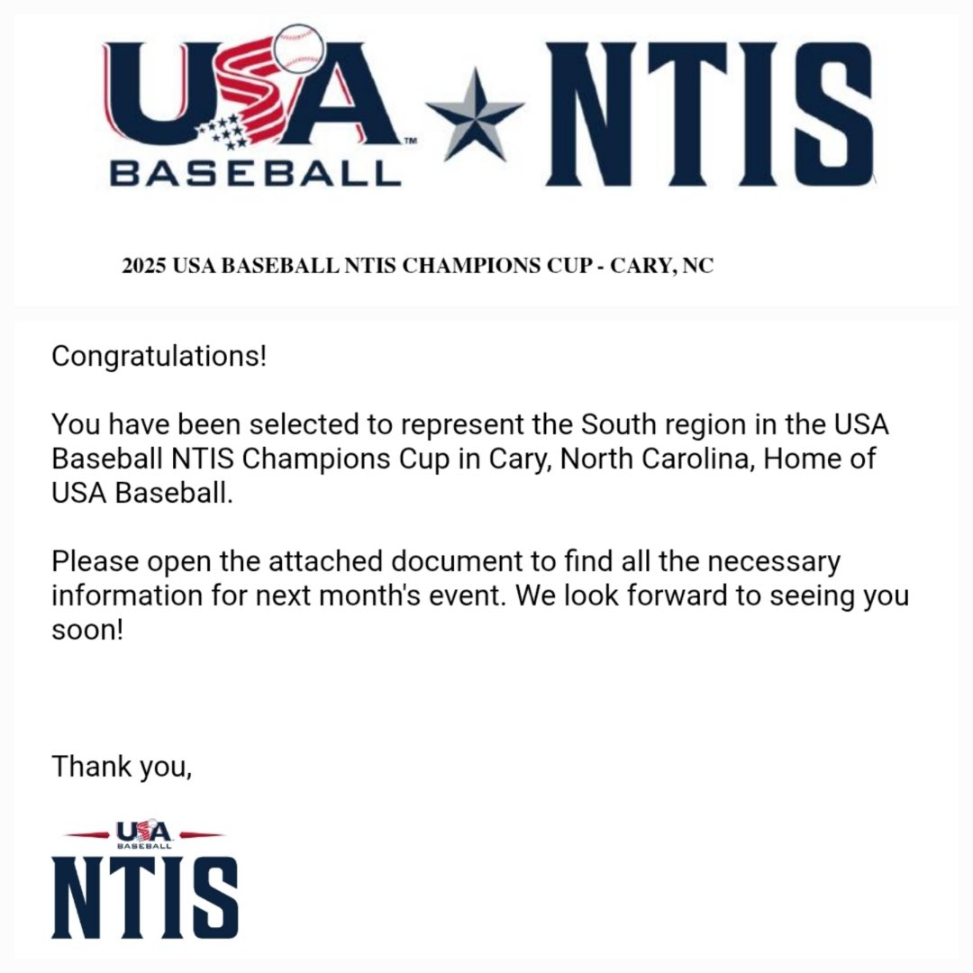 Davis Bartee (@davisbartee) on Twitter photo Excited and blessed to receive the opportunity to be selected and represent Team South 15U at the <a href="/USABaseball/">USA Baseball</a> NTIS Champions cup in Cary, NC in August 2025. Thank You! 🙏
<a href="/JuanF32_/">Juan Fontela Jr</a> <a href="/jarenbrown_/">Jaren Brown</a>
<a href="/SouthNTIS/">South Region NTIS USA Baseball</a> <a href="/_JeremyBooth/">Jeremy Booth</a> <a href="/RPHSBaseball/">Ridge Point Baseball</a>
#DavisBarteeClassof2028 Excited and blessed to receive the opportunity to be selected and represent Team South 15U at the <a href="/USABaseball/">USA Baseball</a> NTIS Champions cup in Cary, NC in August 2025. Thank You! 🙏
<a href="/JuanF32_/">Juan Fontela Jr</a> <a href="/jarenbrown_/">Jaren Brown</a>
<a href="/SouthNTIS/">South Region NTIS USA Baseball</a> <a href="/_JeremyBooth/">Jeremy Booth</a> <a href="/RPHSBaseball/">Ridge Point Baseball</a>
#DavisBarteeClassof2028