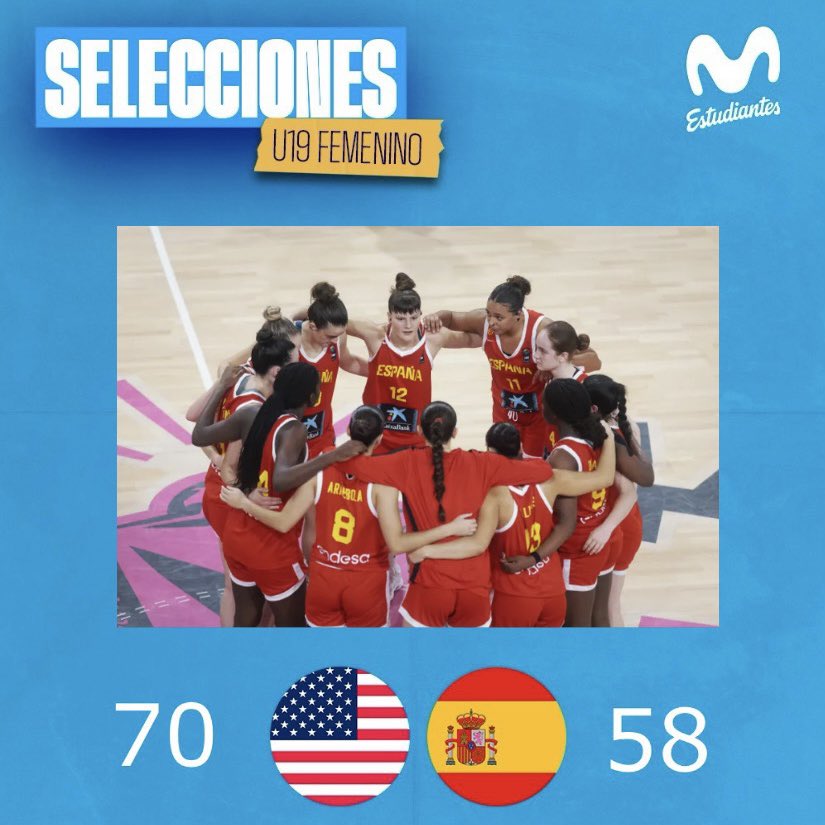 MovistarEstu's tweet image. 𝗖𝗔𝗡𝗧𝗘𝗥𝗔 | ¡No pudo ser! La #U19F de 🇪🇸 cayó en semis y optará al bronce mañana.
70 🇺🇸 🆚 🇪🇸 58
AdaToribio: 4 pts, 3 reb y 3 asist.
Carla Osma: 1 reb.