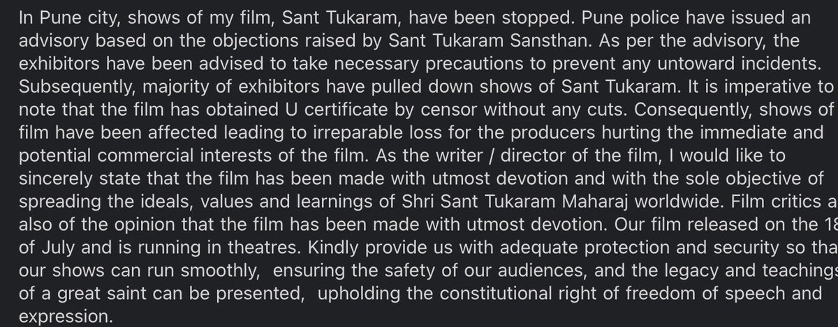 adityaaom's tweet photo. 🙏Urgent plea to save my devotional Hindi film ‘Sant Tukaram ‘ 🙏. Screening of my film stopped in Pune even after being given a universal censor certificate. @PTI_News @ANI @univartaindia1 @TOIIndiaNews @PIB_India @htTweets @epanchjanya @firstpost @DainikBhaskar @IndiaToday https://t.co/cgx6TXJ5Fv