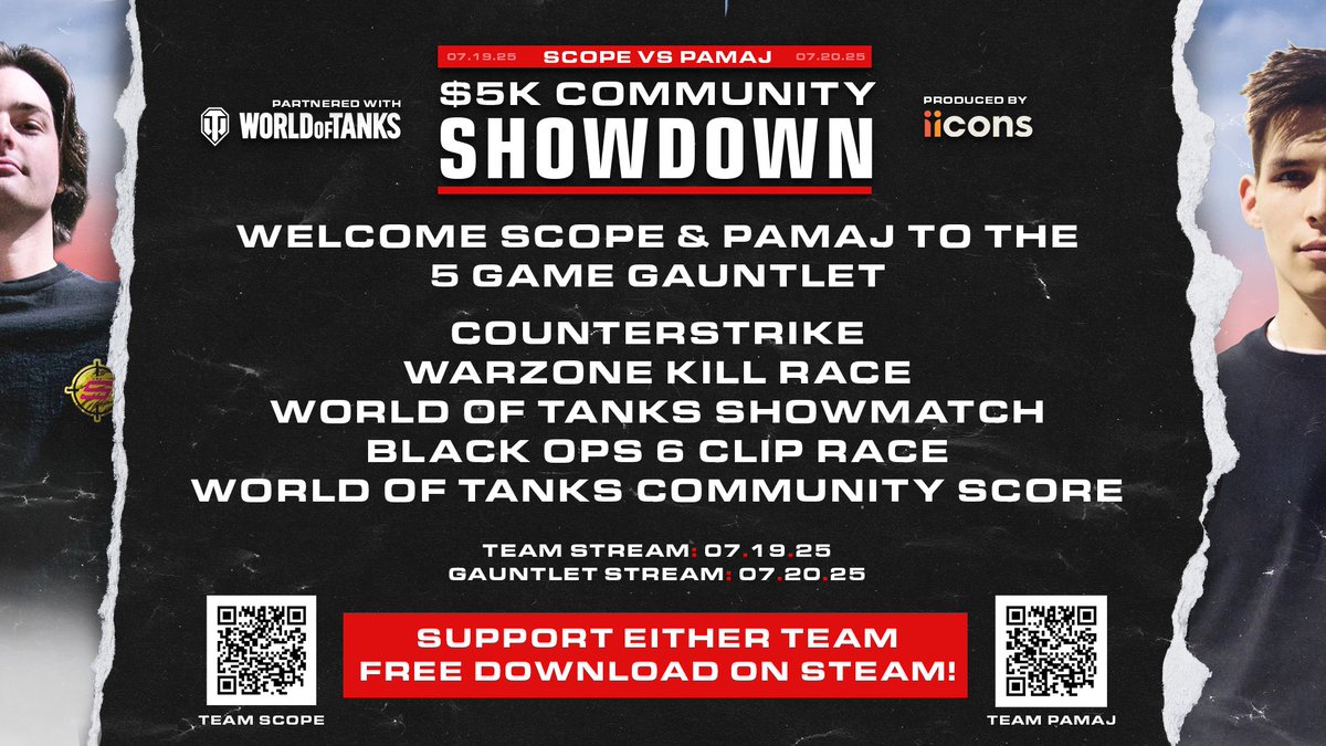 $5,000 SCOPE vs. PAMAJ GAUNTLET EVENT TOMORROW

Counterstrike 
Warzone 
World of Tanks 
Call of Duty

Reply who YOU think is going to win for a chance at a Steam gift card giveaway ⬇️⬇️