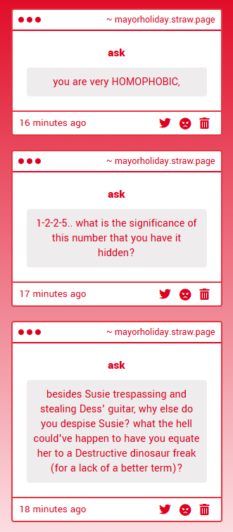 MayorOfHometown's tweet image. christmas day, no shit dude
dont worry i know
i.. err...
gay, gay, fat, purple, gay, fat, fat, purple, gay, gay, gay
why would i tell you where i get my katanas
as long as youre male