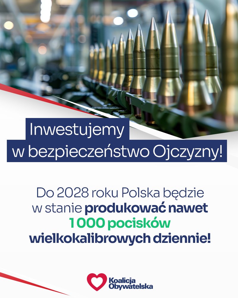 Platforma_org's tweet image. Inwestujemy w bezpieczną Polskę 🇵🇱
Do 2028 będziemy mieli możliwości na produkcję nawet 1 000 pocisków wielokalibrowych dziennie❗️