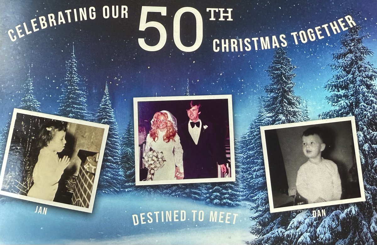 DanPatrick's tweet image. Last Christmas, Jan and I sent out our Christmas card with pictures of us through 50 years of Christmases. We met in November 1974 and got married 8 months later on this day, July 19, 1975. Happy Anniversary, Jan. I love you forever and ever!
