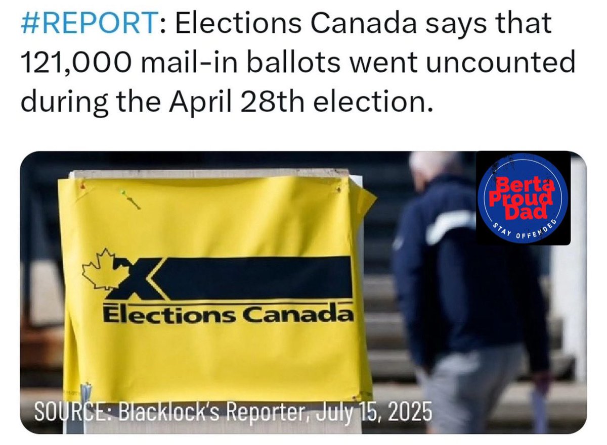 BertaProudDad's tweet image. 121,000 mail-in ballots went uncounted in Canada’s April 28 election—and nothing is being done about it.
No outrage. No accountability. No democracy.
If this isn’t a national scandal, what is?
#cdnpoli #ElectionIntegrity #CanadaDeservesBetter #UncountedBallots #WakeUpCanada