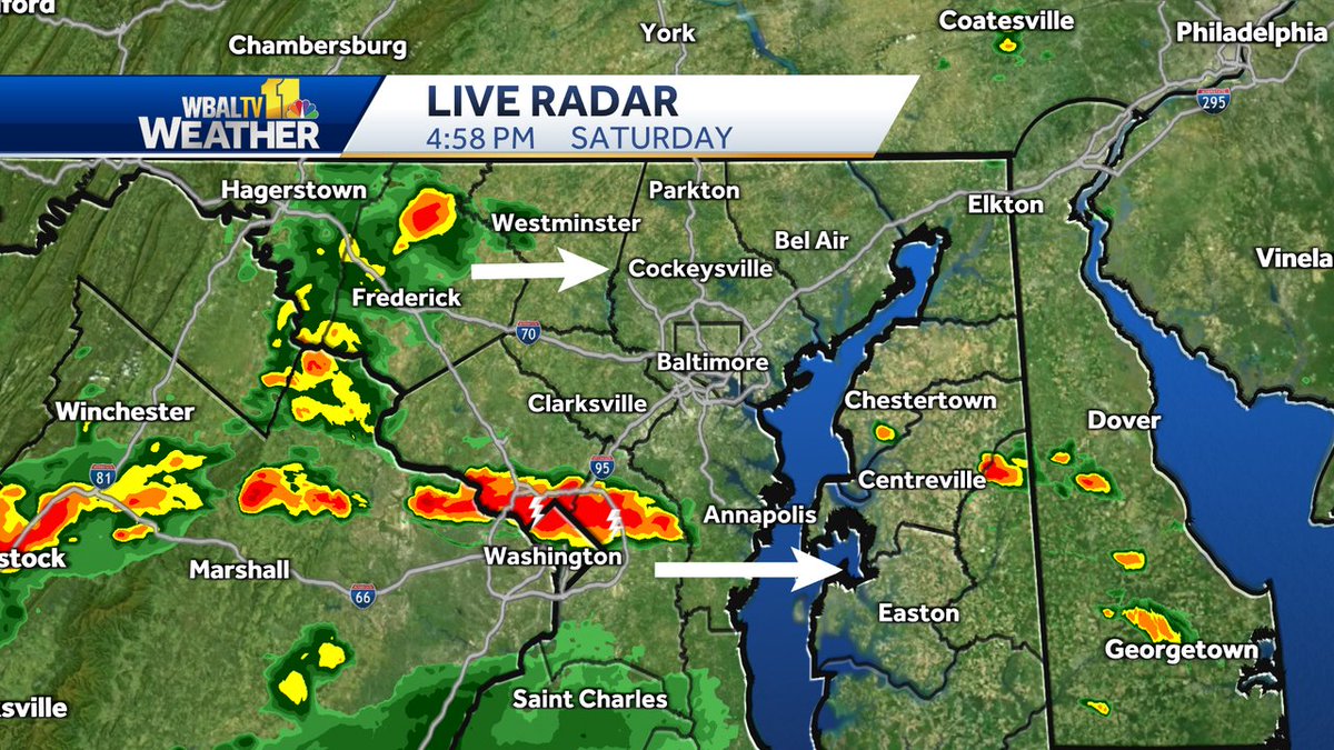 TonyPannWBAL's tweet image. Radar Update (5 PM): Mostly dry around Baltimore, but some of the showers in Frederick County could move into the Metro later this evening. Heavy rain near DC is also moving slowly east. Could be near Annapolis next few hours.