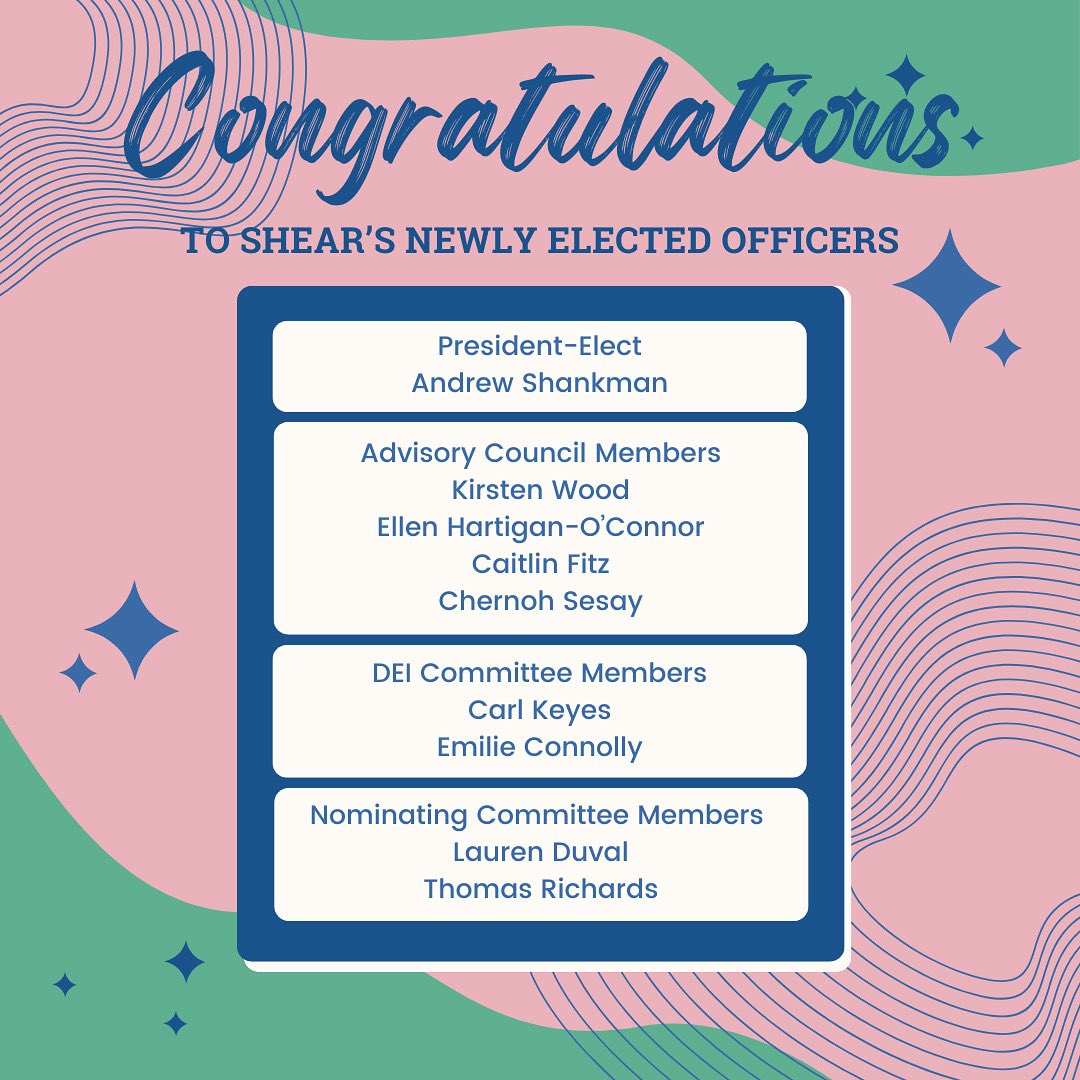 SHEARites's tweet image. SHEAR is pleased to announce the results of the 2025 SHEAR elections. Congratulations to SHEAR’s newly elected officers!
In addition, SHEAR would like to thank all of the candidates in this year’s election as well as the Nominating Committee.