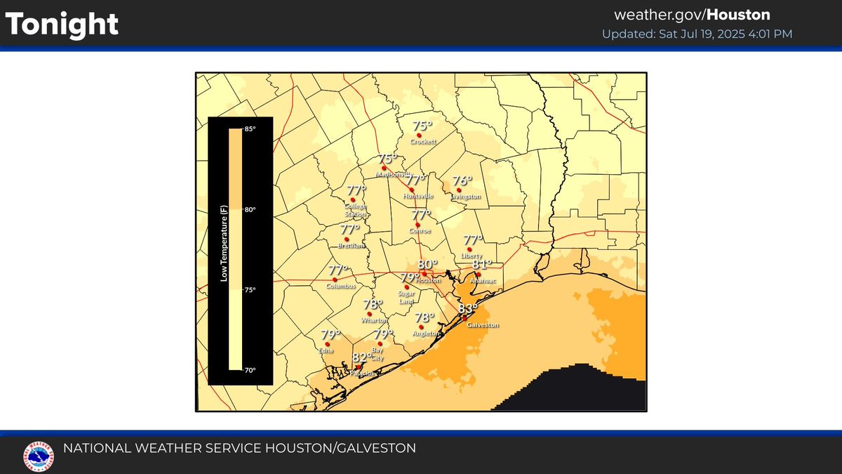 NWSHouston's tweet image. Warm weather is still expected tonight and through the rest of the weekend. Expect hot and dry conditions throughout most of next week with rain returning late in the work week. Look for highs in the upper 80s/90s and lows in the 70s/lower 80s. #TXwx #HOUwx