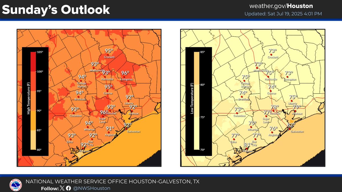 NWSHouston's tweet image. Warm weather is still expected tonight and through the rest of the weekend. Expect hot and dry conditions throughout most of next week with rain returning late in the work week. Look for highs in the upper 80s/90s and lows in the 70s/lower 80s. #TXwx #HOUwx