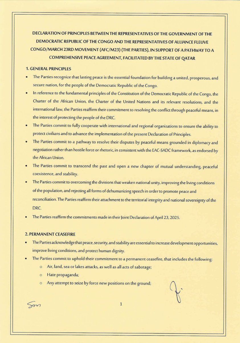 ChroniclesRW's tweet image. FINAL - The original copy of the declaration of principles signed between DR Congo and AFC-M23 rebels. They must reach final peace deal by August 18