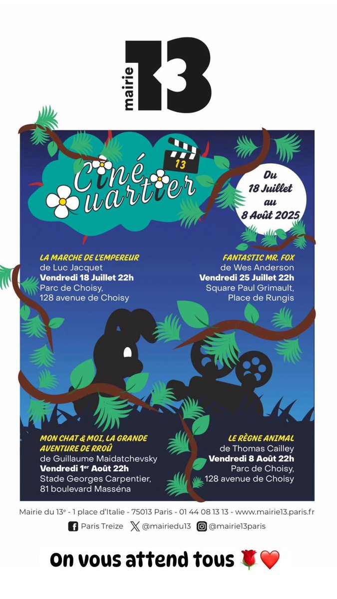 Hier au parc de Choisy, grand succès  avec la projection du film «  la marche de l’empereur » ! Plus de 400 personnes pour notre ciné quartier. 
Prochain rdv vendredi 25 juillet, au square Paul Grimaud avec «  Fantastic M Fox »<a href="/mairiedu13/">Mairie du 13e</a> <a href="/jerome_coumet/">Jérôme Coumet</a> <a href="/rataud/">Benjamin Rataud</a>  <a href="/LoriodN/">Nathalie Loriod 🌼🌾🌿</a>