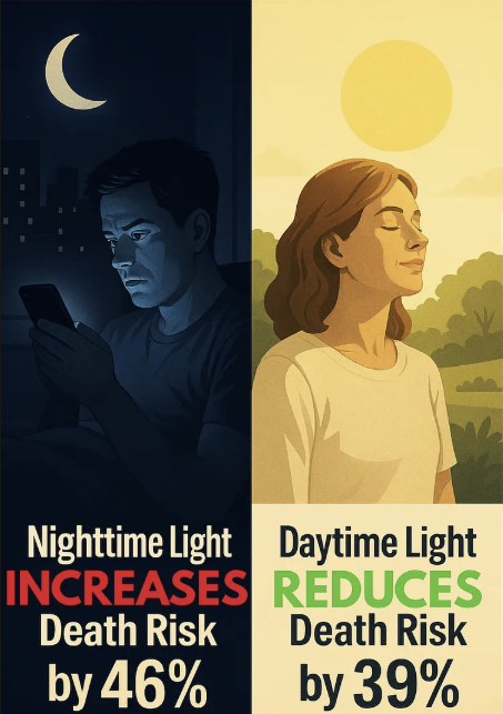 simon_troupe's tweet image. GROUNDBREAKING study published in PNAS titled, Brighter nights and darker days predict higher mortality risk
Participants exposed to the brightest night light (top 10%) had:
21–34% higher risk of all-cause mortality
33–46% higher risk of death from cardiometabolic diseases…
