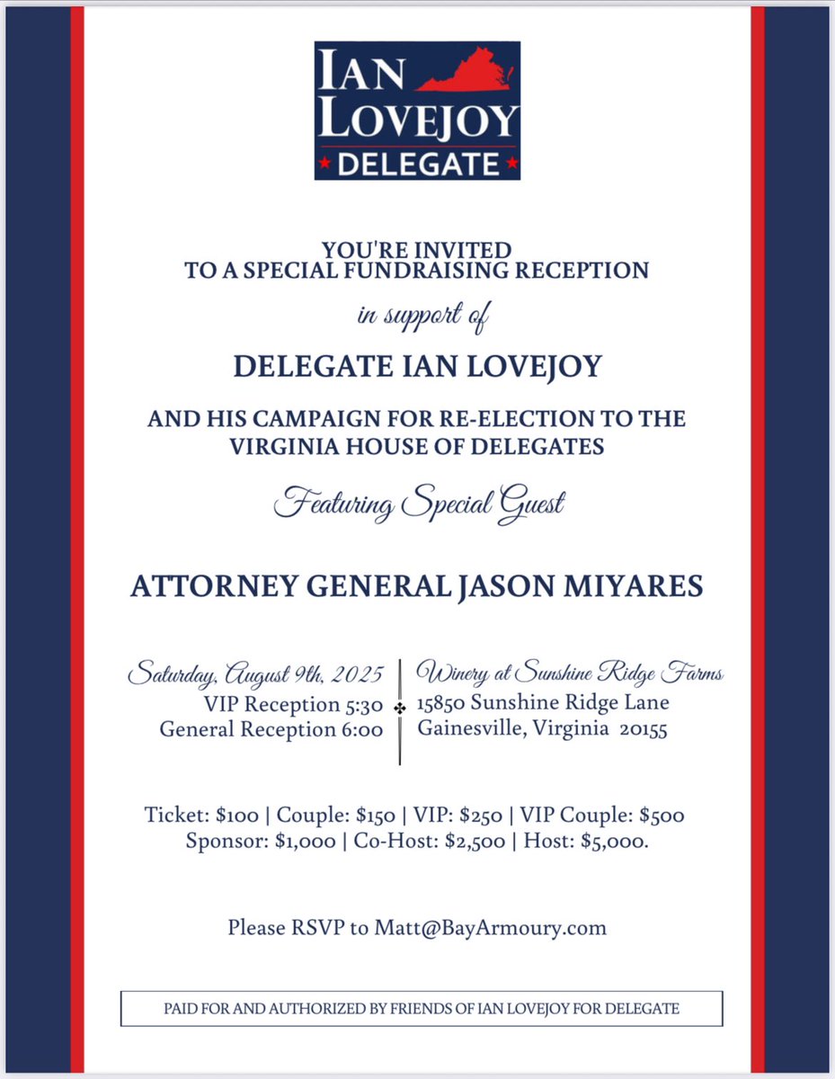 IanTLovejoy's tweet image. Three weeks from today! Join Attorney General Jason Miyares in support of my campaign for re-election.
Register here: secure.anedot.com/9f97ba84-eb66-…