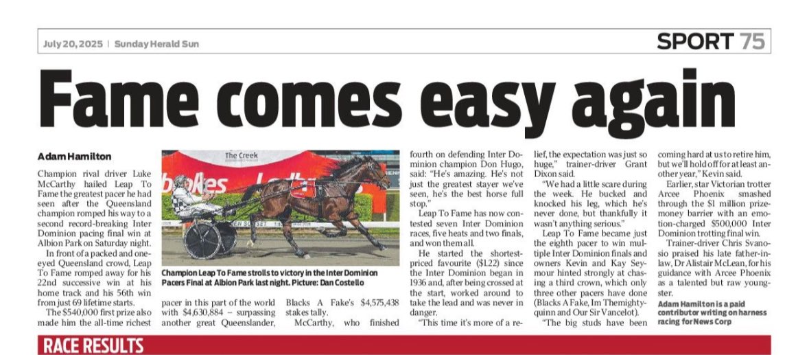 Adam Hamilton (@adamhsport) on Twitter photo Larry mania … Leap To Fame’s historic Inter Dominion romp grabs headlines around the country. <a href="/cmail_sport/">Courier Mail Sport</a> <a href="/heraldsunsport/">Herald Sun Sport</a> <a href="/dailytelegraph/">The Daily Telegraph</a> Larry mania … Leap To Fame’s historic Inter Dominion romp grabs headlines around the country. <a href="/cmail_sport/">Courier Mail Sport</a> <a href="/heraldsunsport/">Herald Sun Sport</a> <a href="/dailytelegraph/">The Daily Telegraph</a>