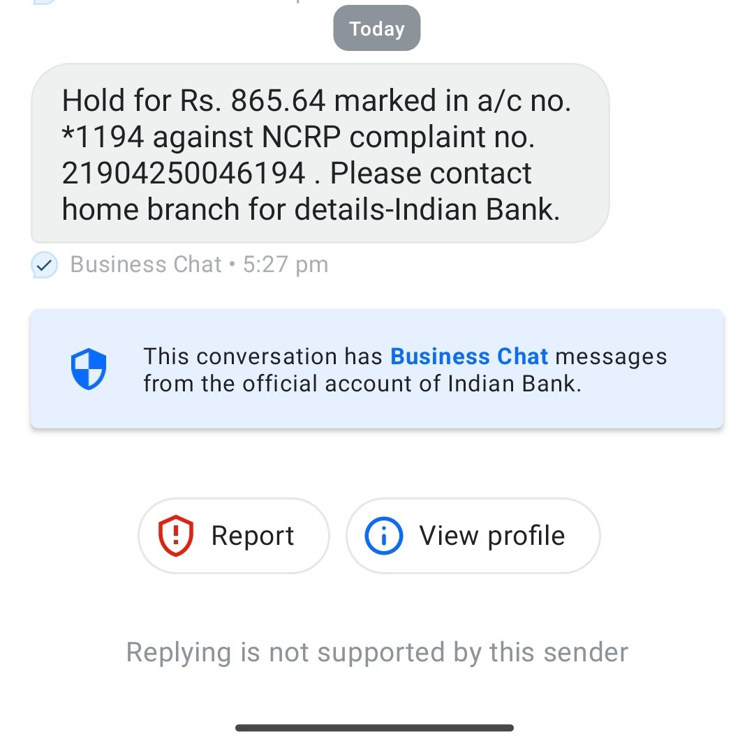 Without any fraud or wrongdoing, <a href="/MyIndianBank/">Indian Bank</a> has suddenly put a hold on my account funds (₹865.64 + ₹700) citing an NCRP complaint. This is my hard-earned money, and I urgently need it for important payments. Please resolve this!
#IndianBank #BankingIssue #NCRP