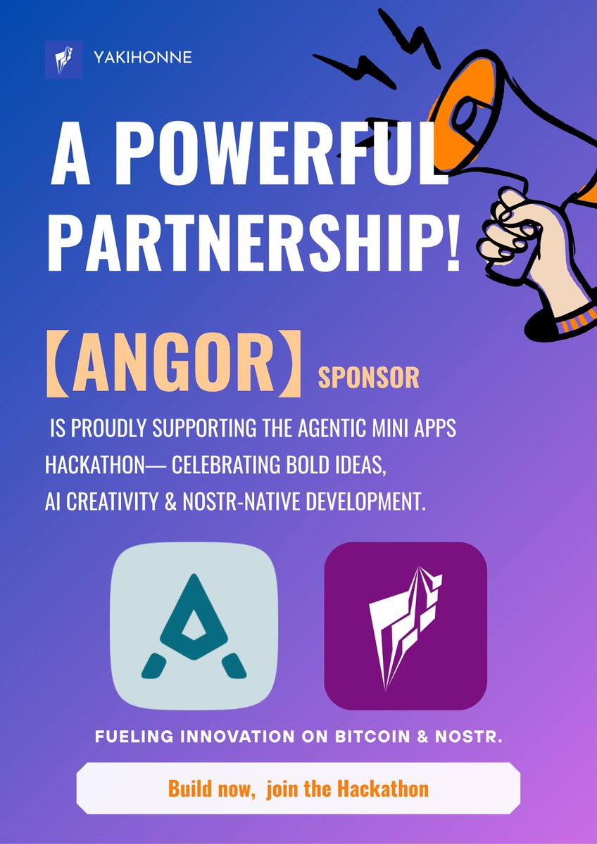 🚀 Exciting news from the Agentic Mini Apps Hackathon on Nostr! 🚀

We’re proud to announce a meaningful collaboration with #Angor a decentralized crowdfunding protocol built on Bitcoin and Nostr.

As our official partner, Angor is supporting breakthrough ideas and creative