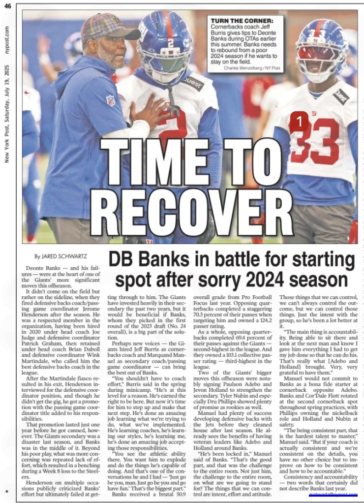 jschwartz115's tweet image. "You shouldn’t have to coach effort. It’s time for him to step up and make that next step."
The #Giants hired two new assistants for cornerbacks and the secondary at large.
Can new voices bring out the best in Deonte Banks?
nypost.com/2025/07/18/spo…