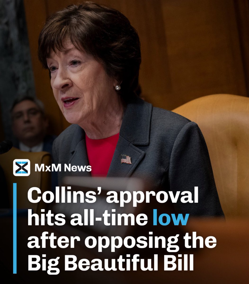 Kalosums's tweet photo. Senator Susan Collins' approval rating has hit an all-time low, with just 38% of Mainers approving of her job performance. #PrimarySusanCollins https://t.co/VrIp8gr0np
