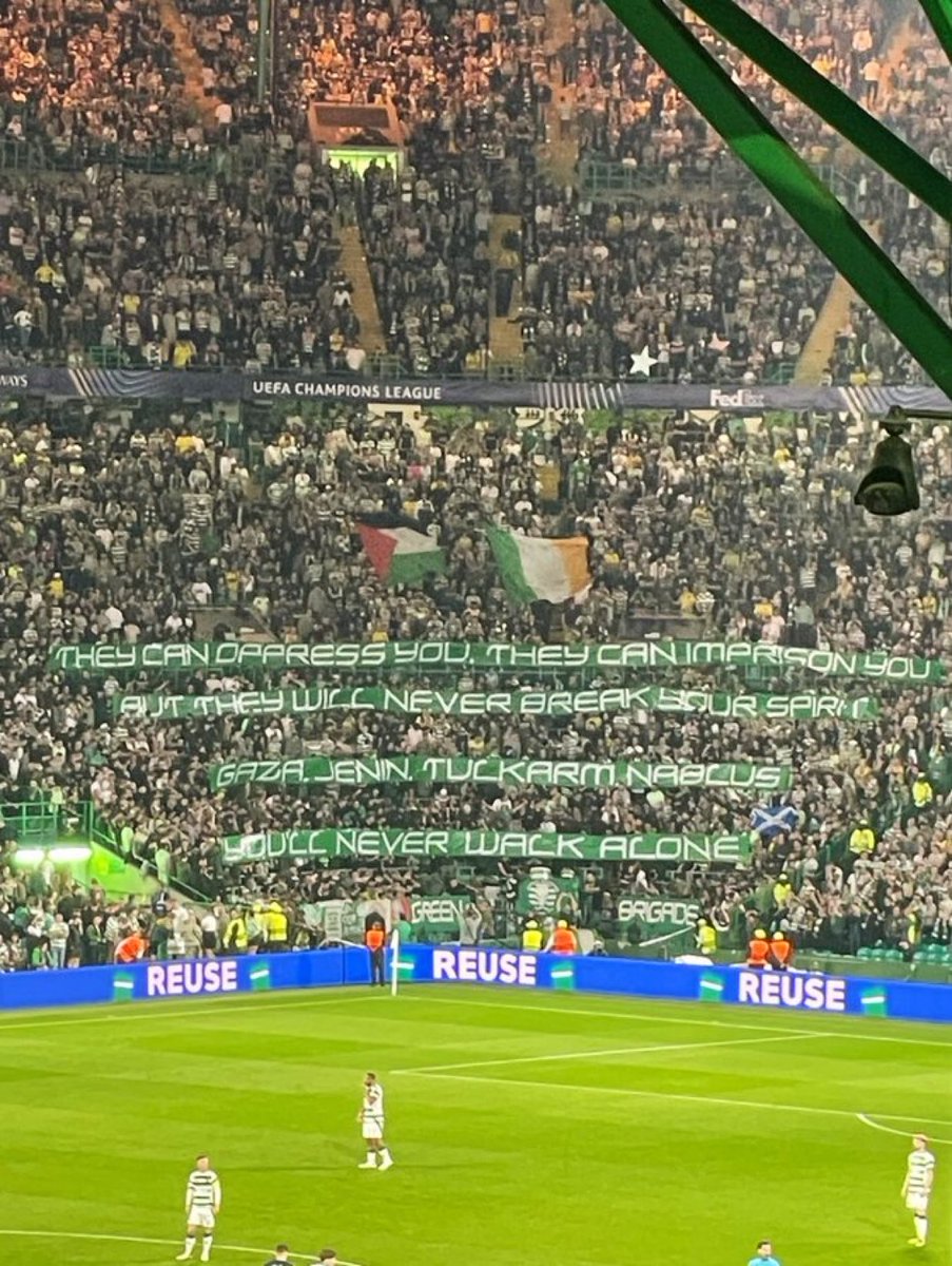 “They can oppress you, they can imprison you, but they will never break your spirit!

🇵🇸Gaza, Jenin, Tulkarm, Nablus, you’ll never walk alone!”

📍Celtic FC, Scotland