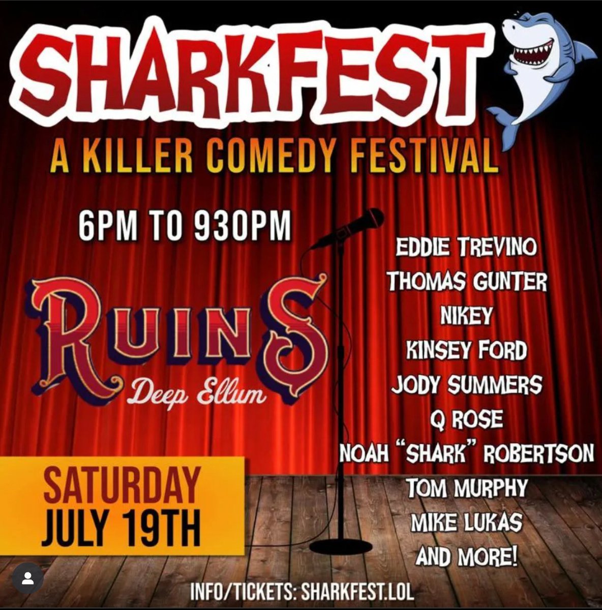 🦈 I’m doing SharkFest in Deep Ellum on July 19th!

🎤 6–9:30pm @ Ruins
🔥 Lineup’s stacked. Jokes will be sharp. I’ll be legally sweaty.
🎟 sharkfest.lol
#SharkFestLOL #DeepEllumComedy #MikeLukasLive