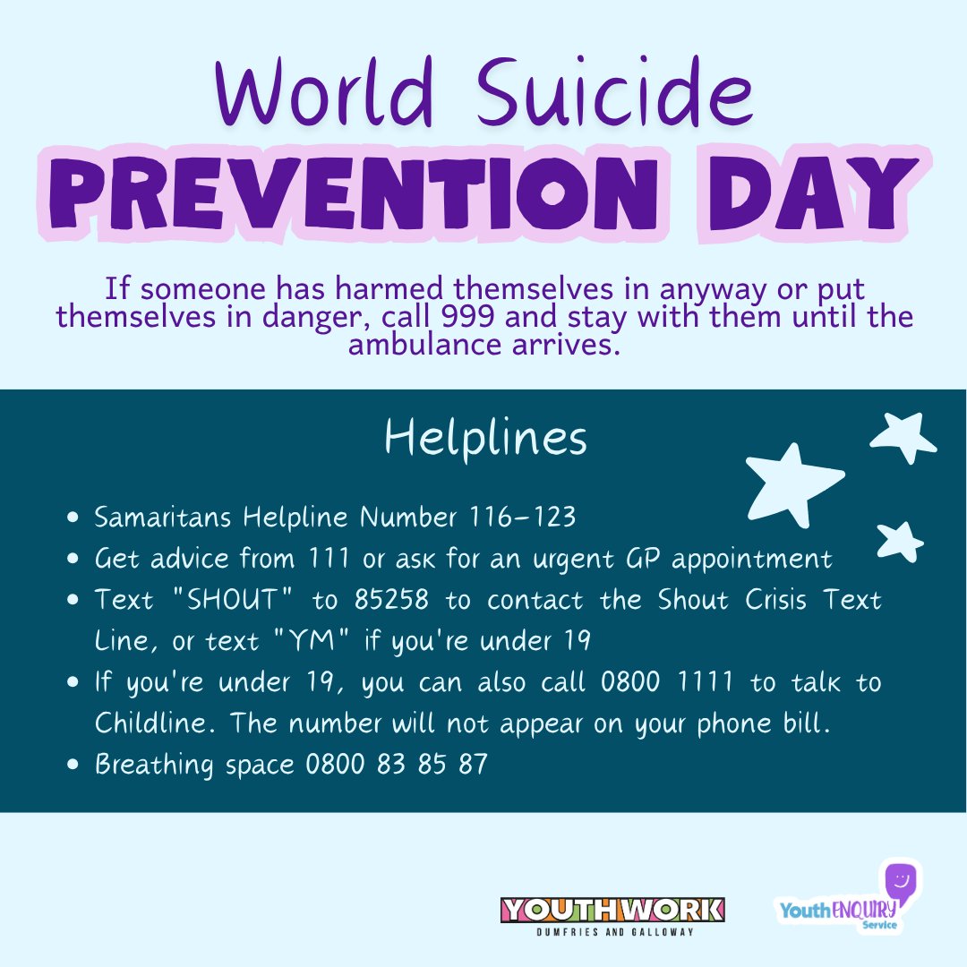 YesDumfries's tweet photo. It is World Suicide Prevention Day (10th September)

Helpful links:
🔗 YES Article - https://t.co/UFT2FNDAJh
🔗 Young Scot - https://t.co/KqK5Db1SQ9
🔗 YM Suicidal Feelings - https://t.co/QYhFAJYzlv

#WorldSuicidePreventionDay #Suicide #youngpeople https://t.co/6KBnbA5NyG