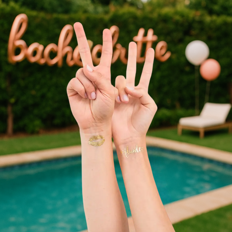 Weddingstar's tweet photo. Our gold bachelorette tattoos are the ultimate way to bring fun and glam to your bridal crew 💍💋 
Whether you're poolside, dancing under the stars, or toasting to the bride-to-be, these shiny statement pieces make every moment worthy.

🛍️ Shop now — https://t.co/aq60ENg2zG https://t.co/3KncRItbEc