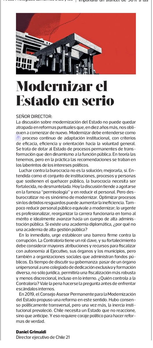 Daniel Grimaldi (@grimalditwit) on Twitter photo ¿Quién controla a la Contraloría?
Hoy publicamos en <a href="/latercera/">La Tercera</a> 🗞️ una carta sobre lo que significa tomarse en serio la modernización del Estado.
#Estado #PolíticaPública #Modernización #contraloria ¿Quién controla a la Contraloría?
Hoy publicamos en <a href="/latercera/">La Tercera</a> 🗞️ una carta sobre lo que significa tomarse en serio la modernización del Estado.
#Estado #PolíticaPública #Modernización #contraloria