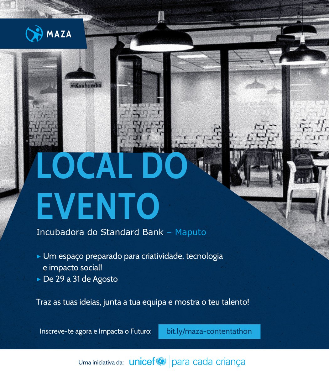 UNICEF_Moz's tweet image. 📍 O MAZA Contentathon terá lugar na Incubadora do Standard Bank – Maputo. Um espaço preparado para criatividade, tecnologia e impacto social!
🗓 29 a 31 de Agosto
🎥 🎨 🧠 Traz as tuas ideias, junta a tua equipa e mostra o teu talento!
#MAZAContentathon #LocalDoEvento