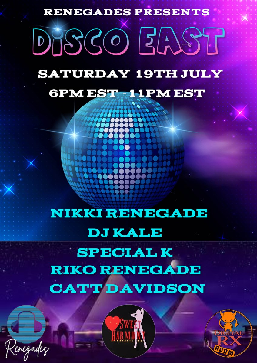 Digital RX (DRX) (@drx_rx) on Twitter photo Tonight July 19th at 6pm ET - Renegades present Disco East!! DJ's performing tonight: <a href="/renegade_nikki/">Nikki Renegade 3dx</a> , DJ Kale, Special K, Riko Renegade, and Catt Davidson!
Sweet Harmony will be dancing on stage!
#3dxchat #drxroom #disco #funk Tonight July 19th at 6pm ET - Renegades present Disco East!! DJ's performing tonight: <a href="/renegade_nikki/">Nikki Renegade 3dx</a> , DJ Kale, Special K, Riko Renegade, and Catt Davidson!
Sweet Harmony will be dancing on stage!
#3dxchat #drxroom #disco #funk