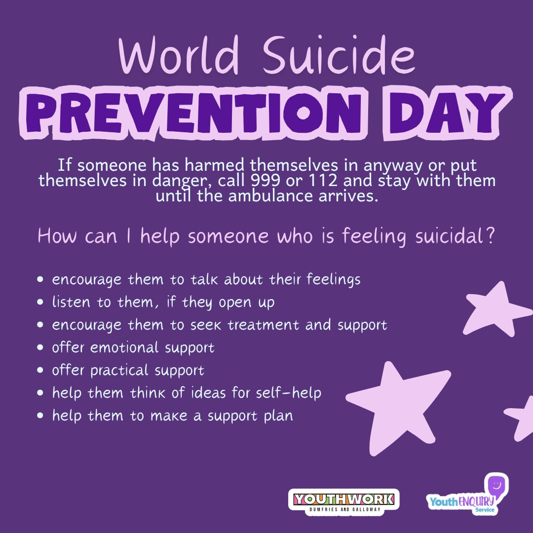YesDumfries's tweet photo. It is World Suicide Prevention Day (10th September)

Helpful links:
🔗 YES Article - https://t.co/UFT2FNDAJh
🔗 Young Scot - https://t.co/KqK5Db1SQ9
🔗 YM Suicidal Feelings - https://t.co/QYhFAJYzlv

#WorldSuicidePreventionDay #Suicide #youngpeople https://t.co/6KBnbA5NyG