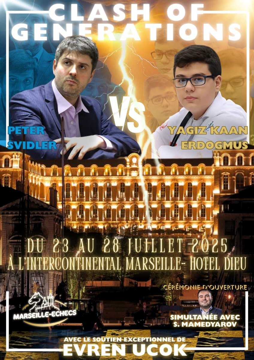 Ligue PACA Échecs (@liguepacaechecs) on Twitter photo Marseille-Echecs et Evren ÜÇOK présentent Le Clash des Générations qui aura lieu du 23 au 28 juillet à l'INTERCONTINENTAL de Marseille
<a href="/escafrestephane/">escafre stephane</a> <a href="/ffechecs/">Fédération Française des Échecs</a> <a href="/Liguepacaechecs/">Ligue PACA Échecs</a> <a href="/marseille/">Ville de Marseille</a> <a href="/EloiRelange/">Eloi Relange</a> <a href="/LaurieDelorme12/">Laurie Delorme</a> <a href="/jbmullon/">Jean-Baptiste MULLON</a> Marseille-Echecs et Evren ÜÇOK présentent Le Clash des Générations qui aura lieu du 23 au 28 juillet à l'INTERCONTINENTAL de Marseille
<a href="/escafrestephane/">escafre stephane</a> <a href="/ffechecs/">Fédération Française des Échecs</a> <a href="/Liguepacaechecs/">Ligue PACA Échecs</a> <a href="/marseille/">Ville de Marseille</a> <a href="/EloiRelange/">Eloi Relange</a> <a href="/LaurieDelorme12/">Laurie Delorme</a> <a href="/jbmullon/">Jean-Baptiste MULLON</a>