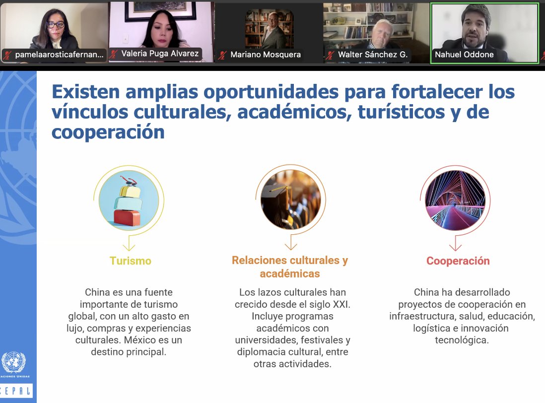 🔹 #Sesión16 del #DiplomadoChinaALatina2025
🎓 17.07 | "Proyecciones de las Relaciones China - A. Latina: Estudio de Casos" 🇨🇳🌎

🇦🇷 Dr. M. Mosquera – UCC
🇧🇷 Dr. S. Páez – UFRJ
🌎 Dr. N. Oddone – CEPAL
🇪🇨 Dra. V. Puga – UC
🇲🇽 Dr. J. León – UAM
🇵🇪 Mg. R. Tang – PUCP
#ChinaAL #RRII