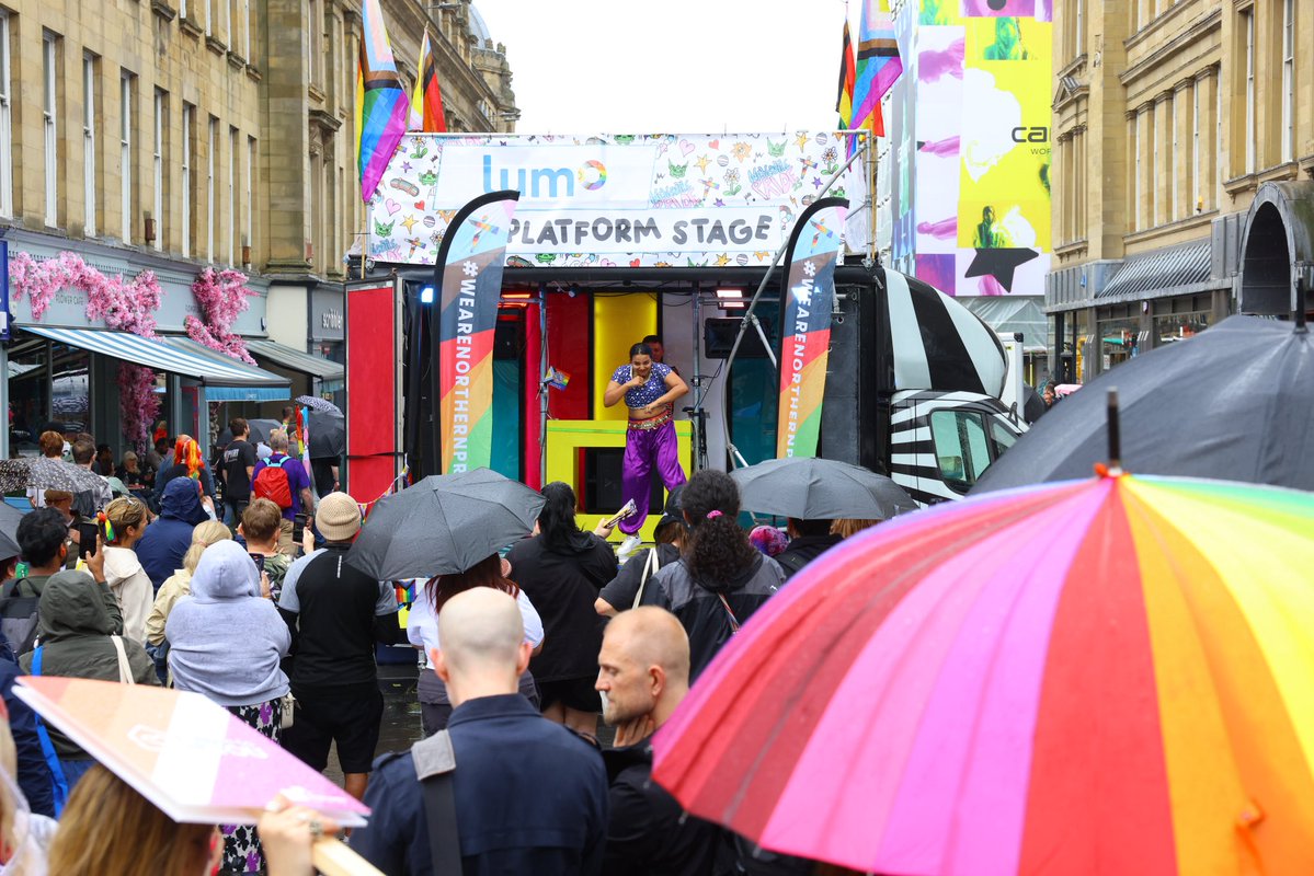 richardsalkeld's tweet image. Despite dark clouds and heavy rain, Newcastle was alive with colour today with people enjoying the @LumoTravel Platform stage for new talent and the market stall with @NewcastleEagle where hundreds of prizes were won on the Spin to Win wheel for @northernprideuk @cwaagency