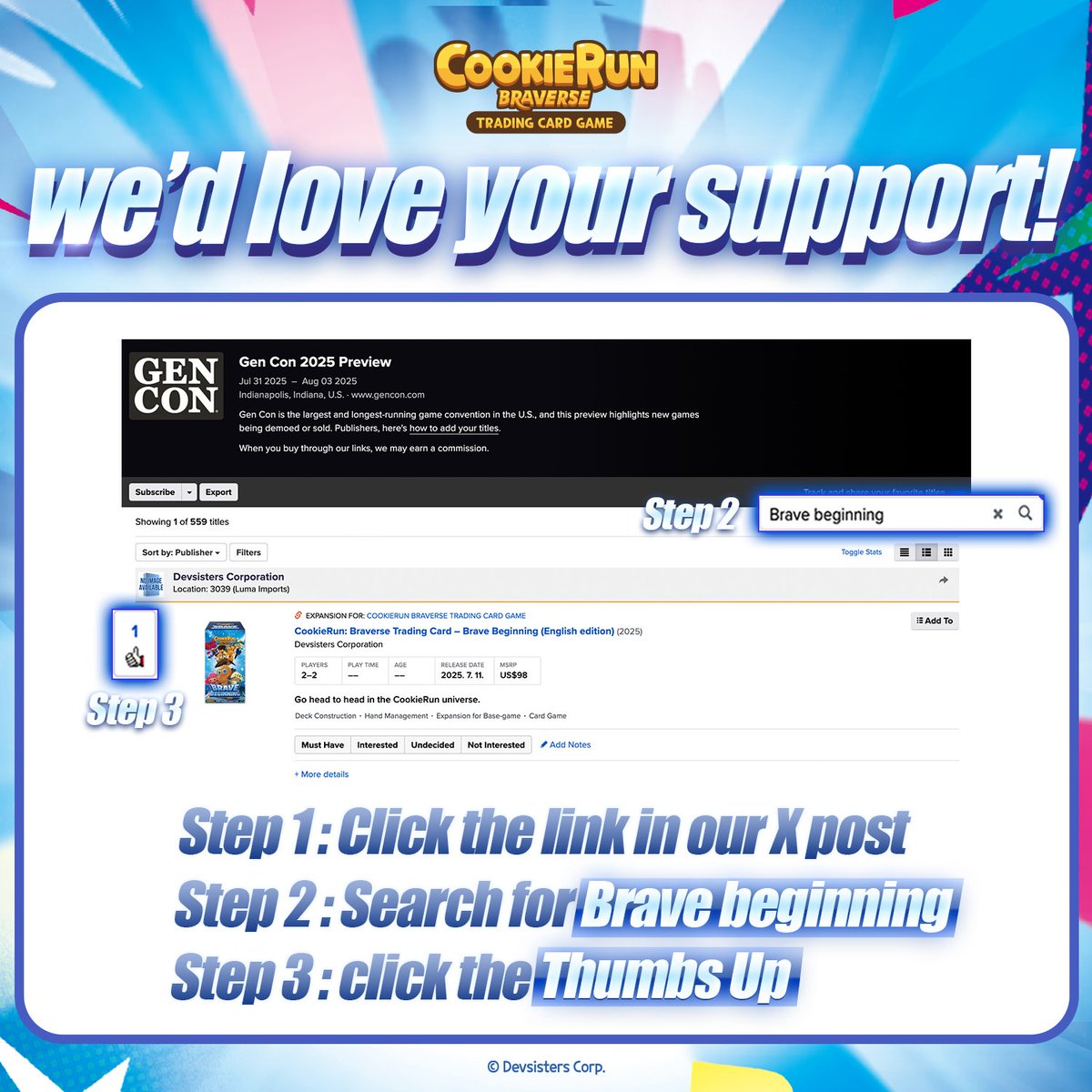 CRBraverseEN's tweet image. 🎉 CookieRun: Braverse TCG – Brave Beginning (English Edition) is now officially listed on BoardGameGeek (BGG)! 🎲✨
boardgamegeek.com/geekpreview/77…
After years of trials, challenges & amazing feedback from our players 💬❤️, CookieRun: Braverse TCG has finally made its way to the…