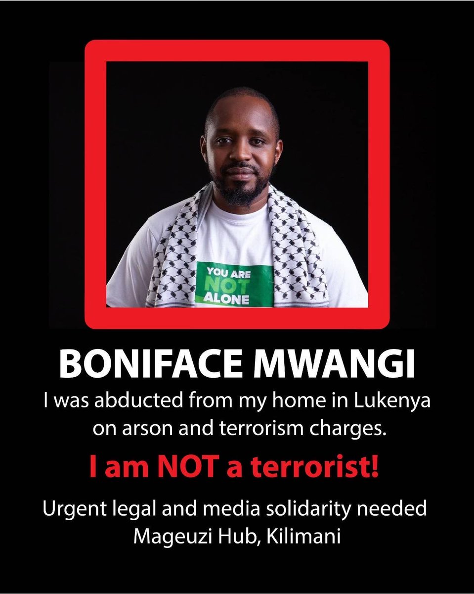 KHRC (@thekhrc) on Twitter photo The <a href="/WilliamsRuto/">William Samoei Ruto, PhD</a> regime must end its alarming tactic of slapping activists and protesters—who are resisting authoritarianism—with trumped-up terrorism-related charges. This troubling escalation is evident in today’s abduction of <a href="/bonifacemwangi/">The People’s Watchman</a> and reports that the DCI is The <a href="/WilliamsRuto/">William Samoei Ruto, PhD</a> regime must end its alarming tactic of slapping activists and protesters—who are resisting authoritarianism—with trumped-up terrorism-related charges. This troubling escalation is evident in today’s abduction of <a href="/bonifacemwangi/">The People’s Watchman</a> and reports that the DCI is