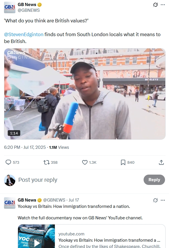 I'm still not sure what GB News were trying to achieve with this. Not only does the guy being interviewed actually come across as a nice chap, but he literally says himself that he was born and raised here, with no traces of any sort of foreign accent.