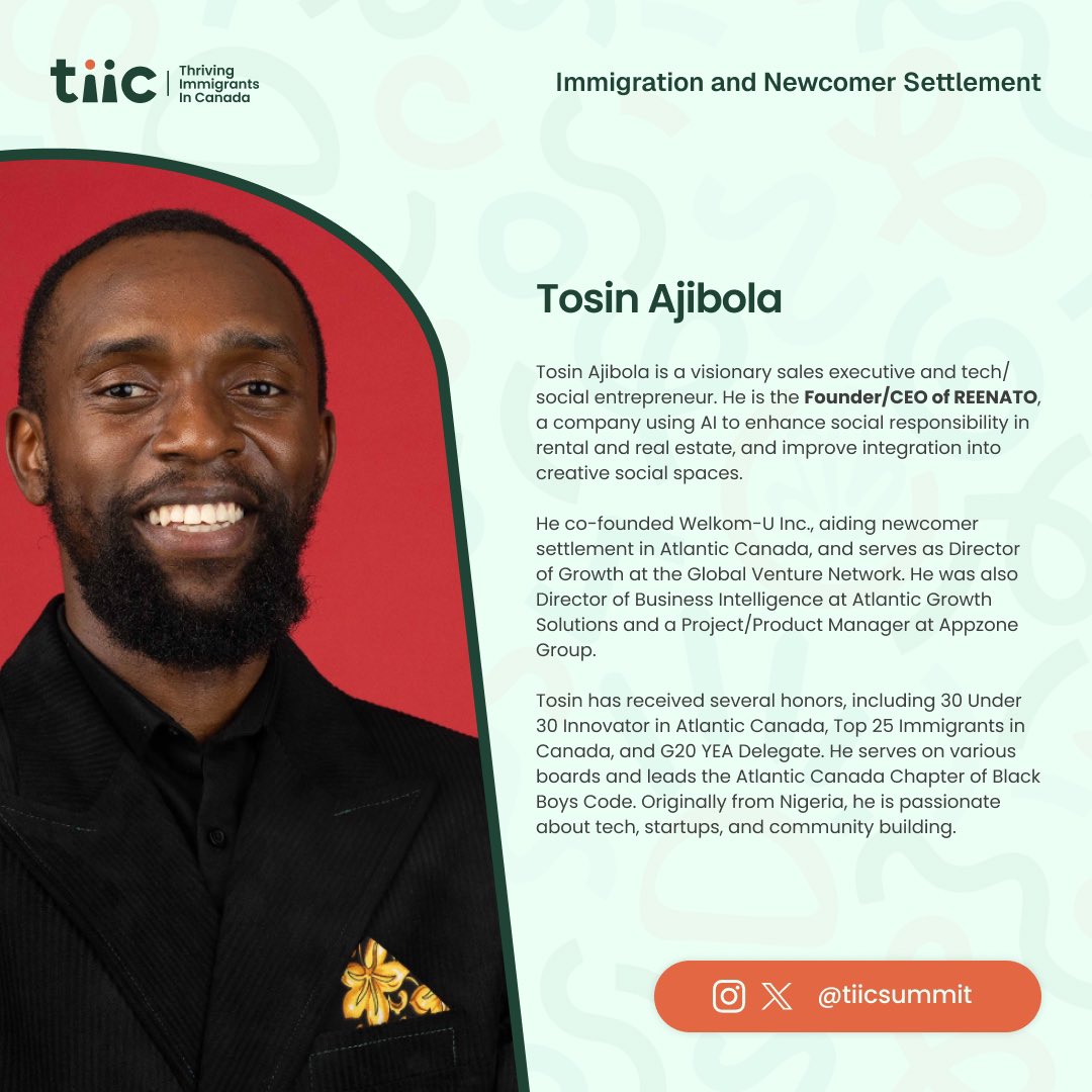 TIICsummit's tweet image. We’re honoured to have @ajibz_tosin join our Immigration & Newcomer Settlement panel at #TIICSUMMIT2025.
At the summit, he will share practical insights on settlement support, community building, and driving inclusion through innovation.
Register at linktr.ee/tiicsummit