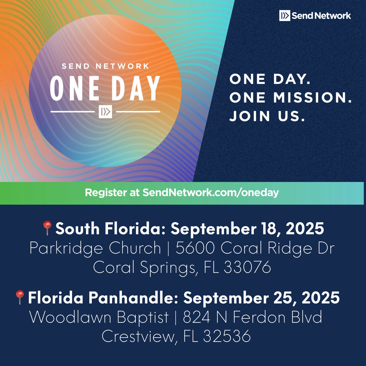 Sign up now for @SendNetwork One Day — a local, one-day event focused on prayer, vision, &amp; strategy. For everyone burdened to see God's kingdom expanded in our communities. 2 offerings in FL. Bring your whole team to be encouraged, equipped, &amp; challenged. namb.net/send-network/o…