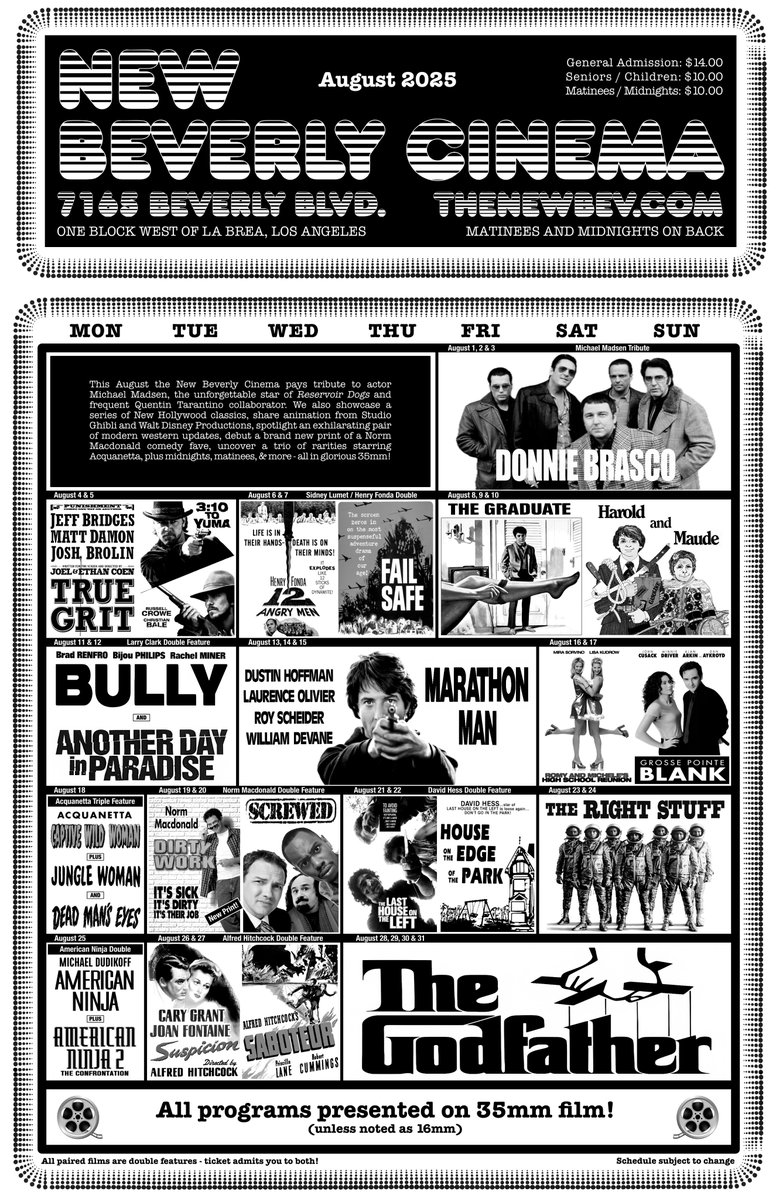newbeverly's tweet image. This August the New Bev pays tribute to Michael Madsen and showcases a series of New Hollywood classics, plus spotlights timeless favorites, cult gems, midnights, matinees & more - all projected in glorious 35mm! Let us know what you’re most excited to see!