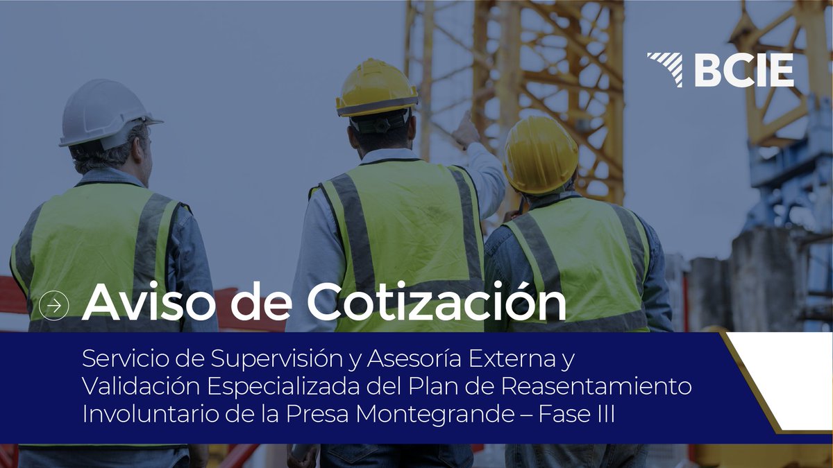 BCIE_Org's tweet image. #CotizaciónBCIE | Supervisión y Validación del Plan de Reasentamiento – Presa Montegrande
¿Contás con experiencia en proyectos sociales, reasentamientos involuntarios y validación técnica?
El BCIE te invita a participar en una cotización para el servicio de supervisión, asesoría…