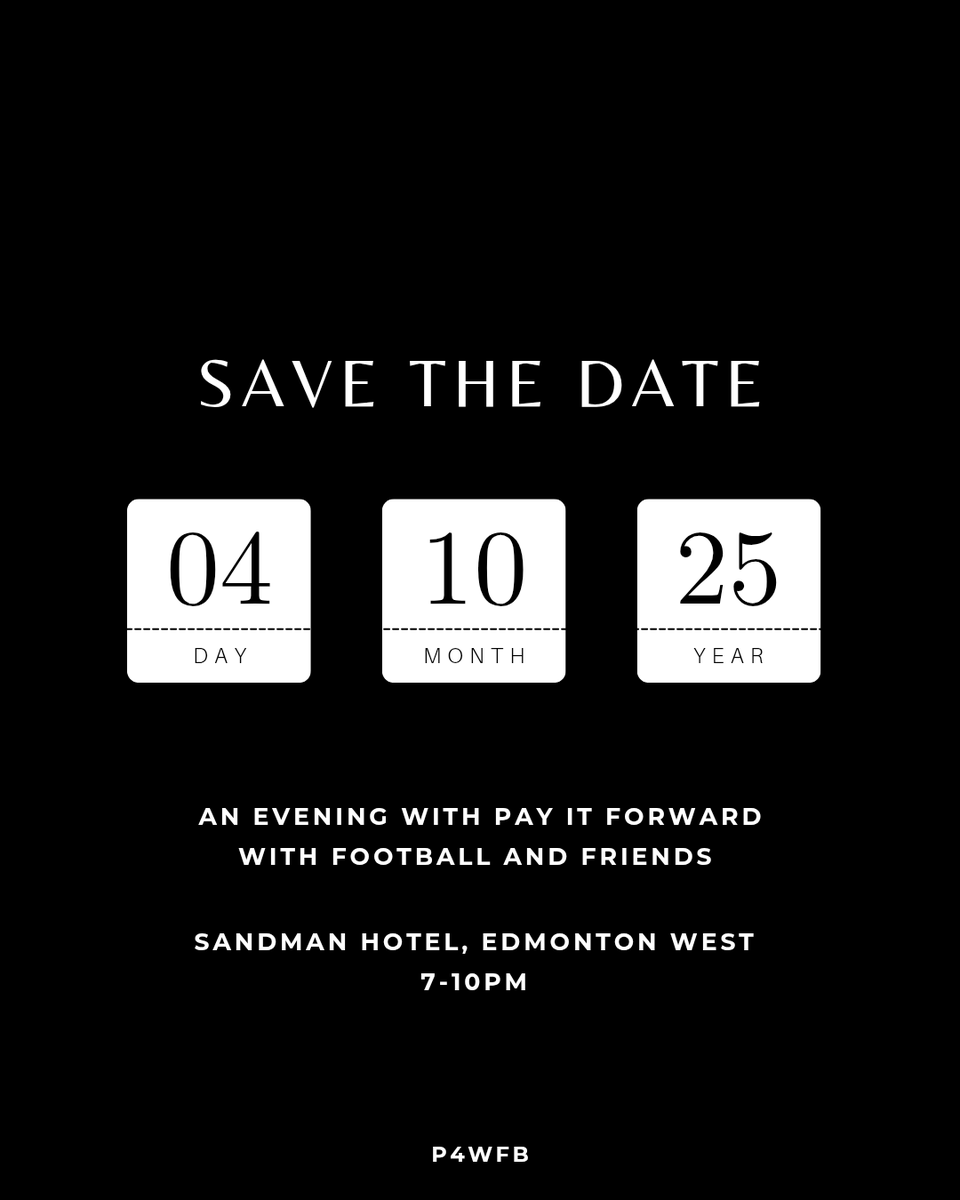 P4WFB's tweet image. IT'S BACK!!
Join us for the 3rd annual "An Evening with Pay it Forward with Football and Friends." A great evening with special guests from the @GoElks and @CFL !
#P4WFB #spreadkindness #fundraiser