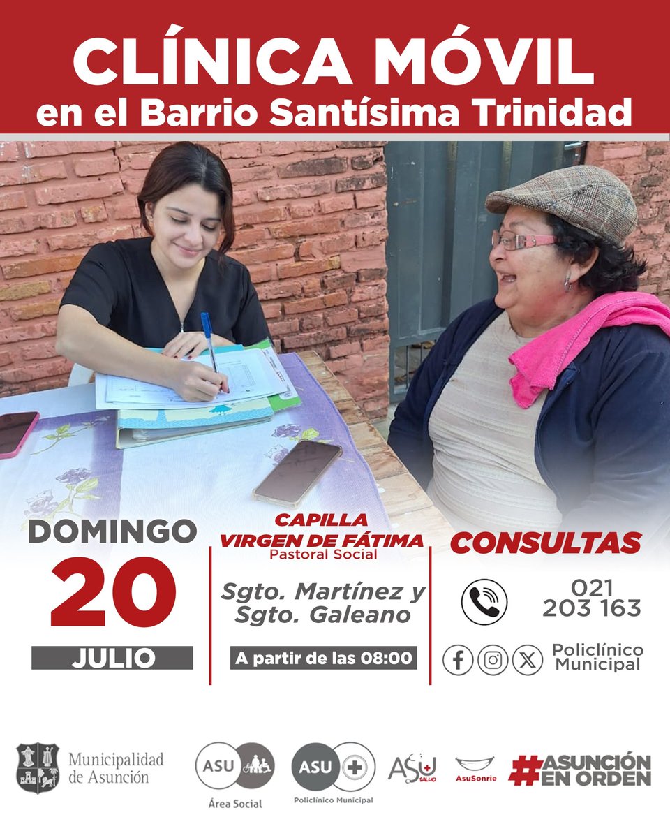 Policlínico Municipal de Asunción (@policlinicoasu) on Twitter photo 🚑 ¡La Clínica Móvil estará en el Barrio Santísima Trinidad!👩🏻⚕️🧑🏻⚕️
Mañana doningo, 20 de julio, estará en tu barrio el <a href="/policlinicoasu/">Policlínico Municipal de Asunción</a> , con atención médica gratuita, desde las 8hs 🩺🧑🏻⚕️👩🏻⚕️
📌 Capilla Virgen de Fátima 🚑 ¡La Clínica Móvil estará en el Barrio Santísima Trinidad!👩🏻⚕️🧑🏻⚕️
Mañana doningo, 20 de julio, estará en tu barrio el <a href="/policlinicoasu/">Policlínico Municipal de Asunción</a> , con atención médica gratuita, desde las 8hs 🩺🧑🏻⚕️👩🏻⚕️
📌 Capilla Virgen de Fátima