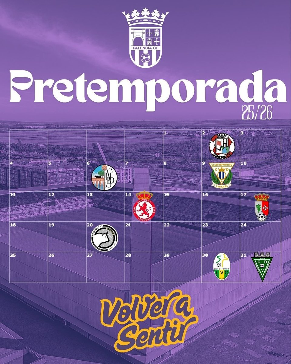 📅 Pretemporada 25/26 | Palencia CF

Rivales de Primera RFEF, Segunda RFEF, filiales de nivel… y derbi incluido.
⚔️ También competiremos en la Copa RFEF.

💜 Nos espera un verano exigente e ilusionante.
🏟️ ¡Nos vemos en La Balastera y en vuestros campos!

#PretemporadaMorada