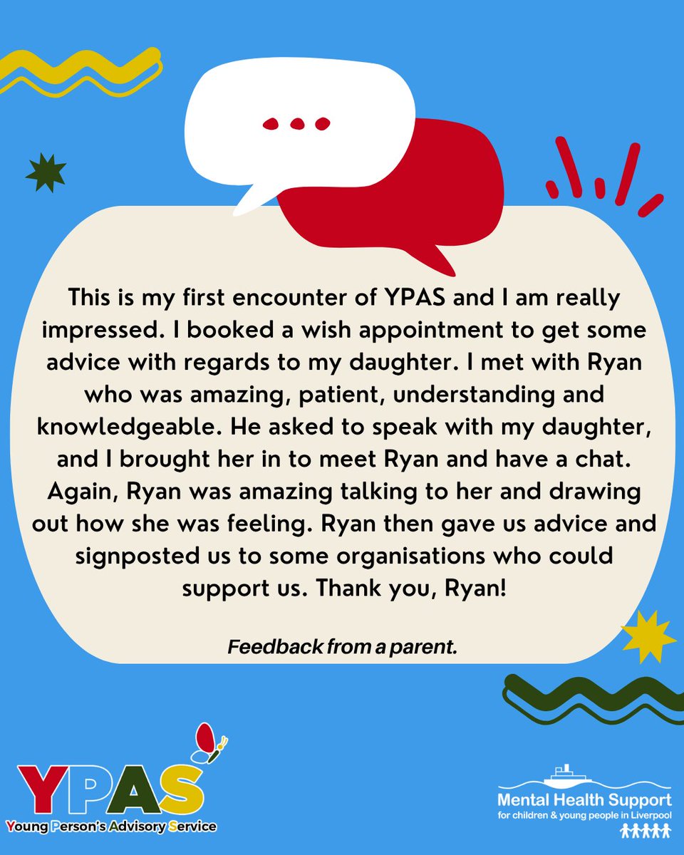 YPASLiverpool's tweet image. Feedback shared from a parent📣💬
If you would like to share your feedback or to access YPAS services follow the link in our bio.
@liverpoolcypmentalhealth
#YoungPeople #Merseyside #MentalHealth #Support #Feedback