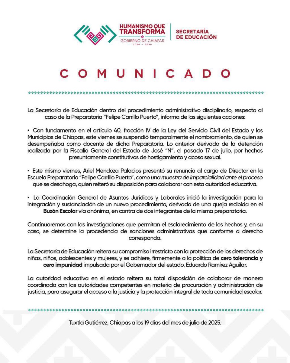 PortadaNoticias's tweet photo. #COMUNICADO La Secretaría de Educación dentro del procedimiento administrativo disciplinario, respecto al caso de la Preparatoria "Felipe Carrillo Puerto", informa de las siguientes acciones: https://t.co/hFLo89GH2e