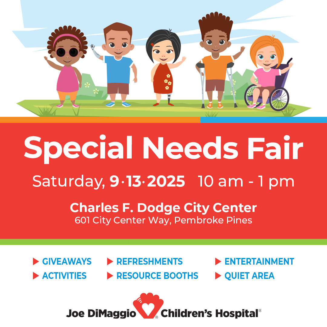 JDCHospital's tweet image. 🎉 Don’t miss the Special Needs Fair by Joe DiMaggio Children’s Hospital — Sat, Sept 13 | 10AM–1PM at Charles F. Dodge City Center!
✅ 100+ resource booths
🎭 Live performances
🎨 Family-friendly fun
🎟️ FREE event: eventbrite.com/e/joe-dimaggio…