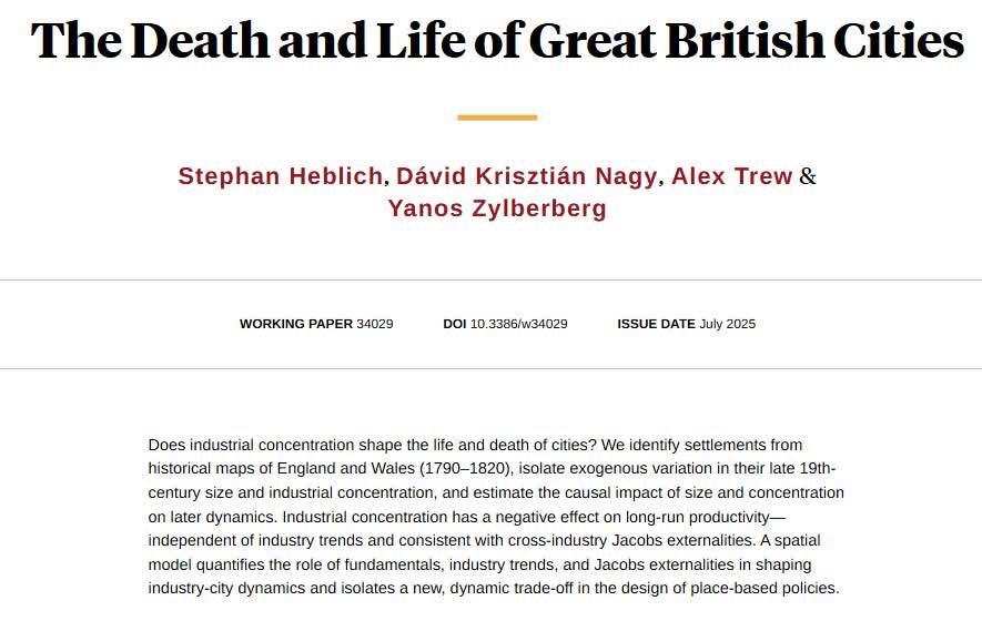 nberpubs's tweet image. Studying why some cities thrive while others decline finds that early industrial specialization lowers long-run productivity—a dynamic trade-off at the heart of place-based policy, from @StephanHeblich, Dávid Krisztián Nagy, Alex Trew, and Yanos Zylberberg nber.org/papers/w34029
